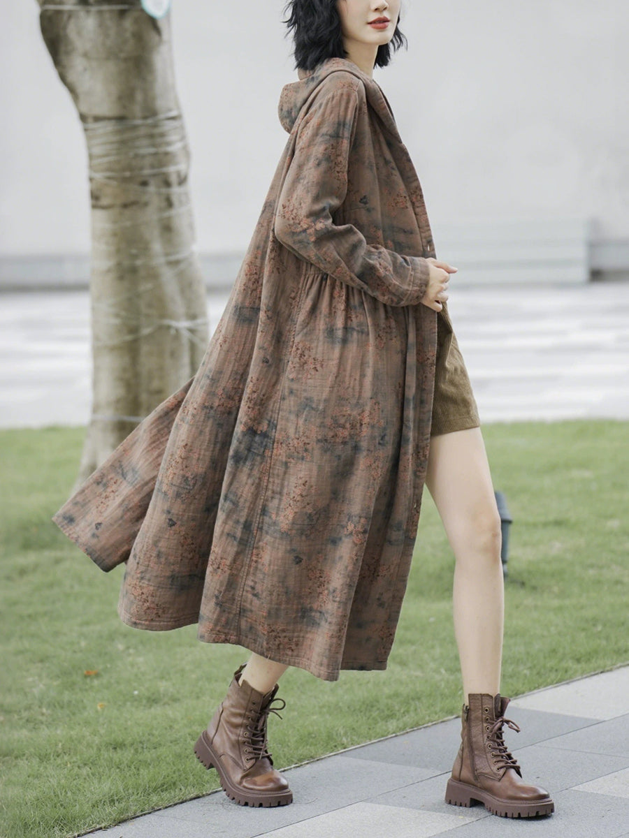 Women Autumn Retro Flower Linen Hooded Long Coat