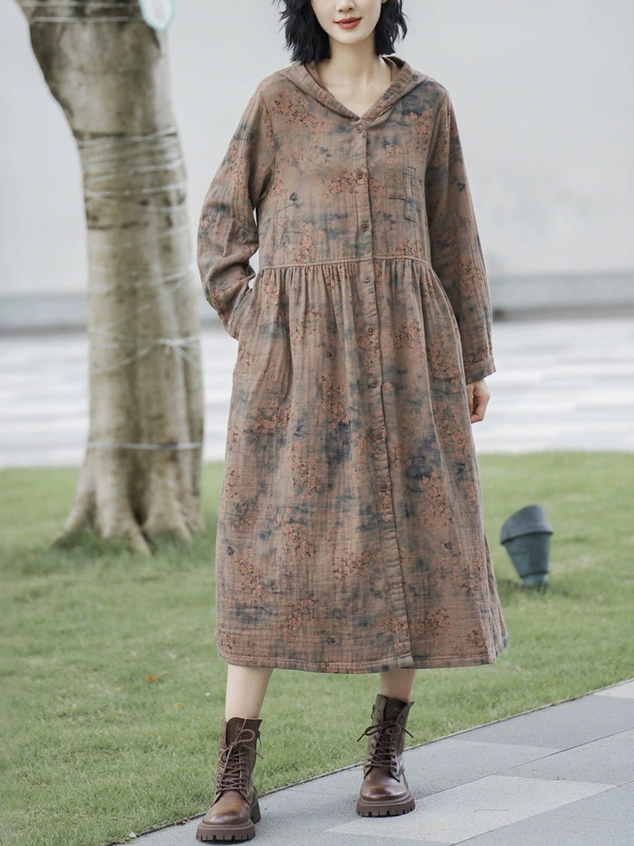 Women Autumn Retro Flower Linen Hooded Long Coat