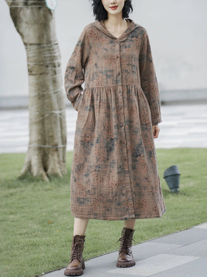 Women Autumn Retro Flower Linen Hooded Long Coat