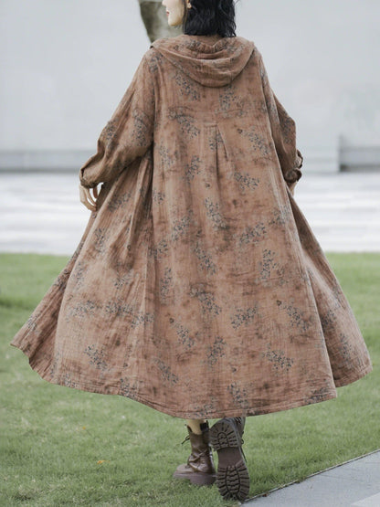 Women Autumn Retro Flower Linen Hooded Long Coat