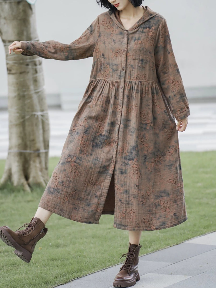 Women Autumn Retro Flower Linen Hooded Long Coat