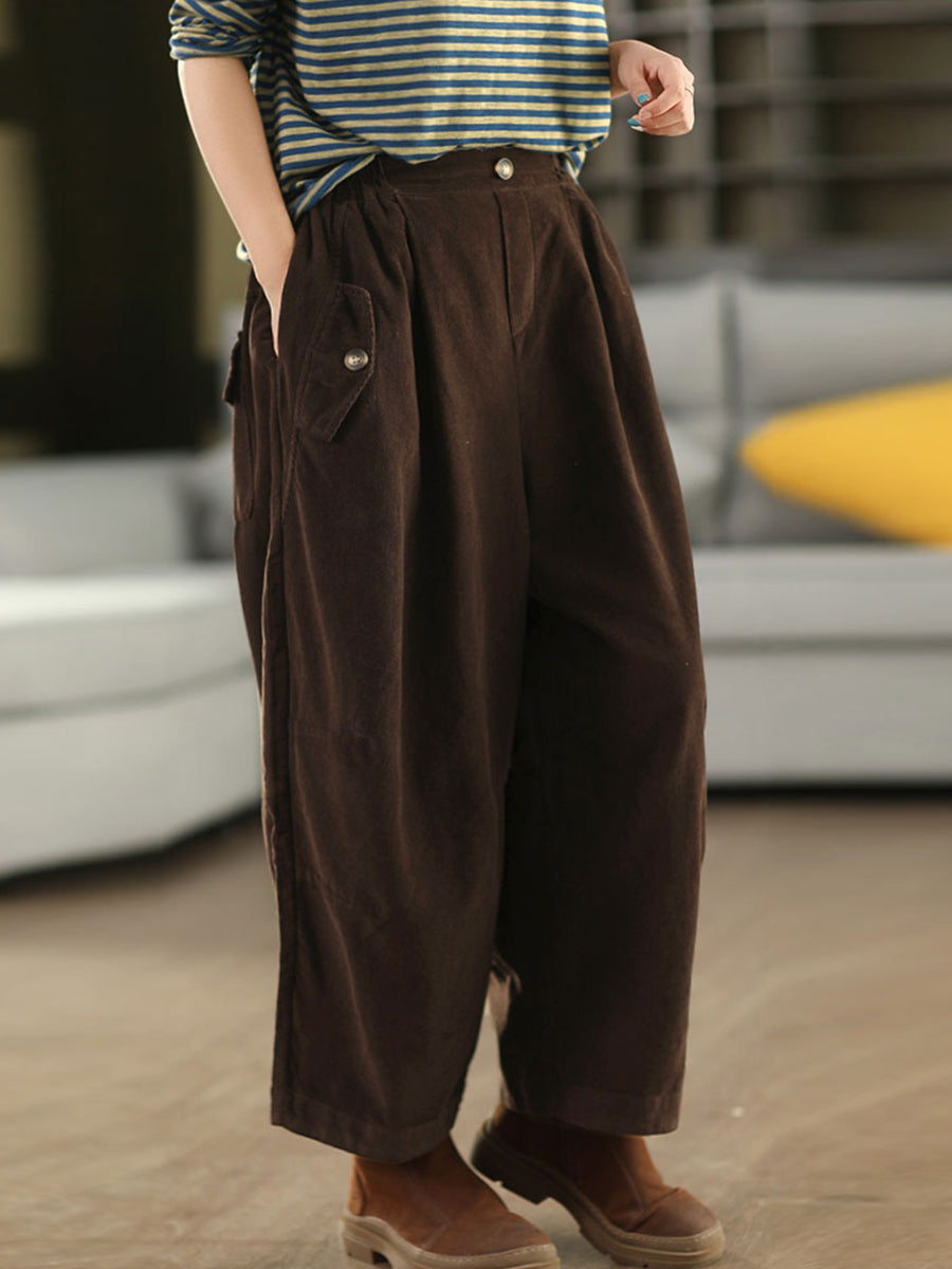 Women Autumn Retro Pure Color Corduroy  Harem Pants