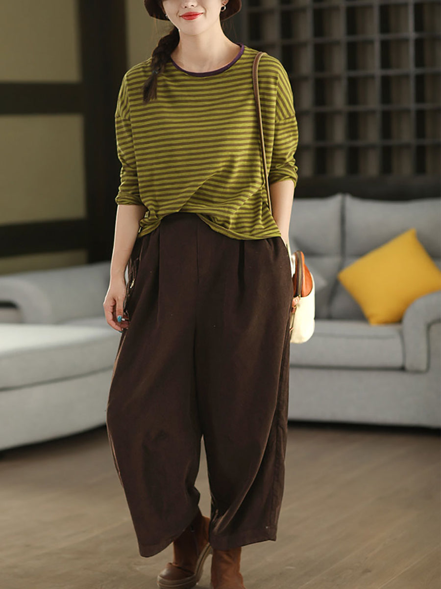 Women Autumn Retro Pure Color Corduroy  Harem Pants