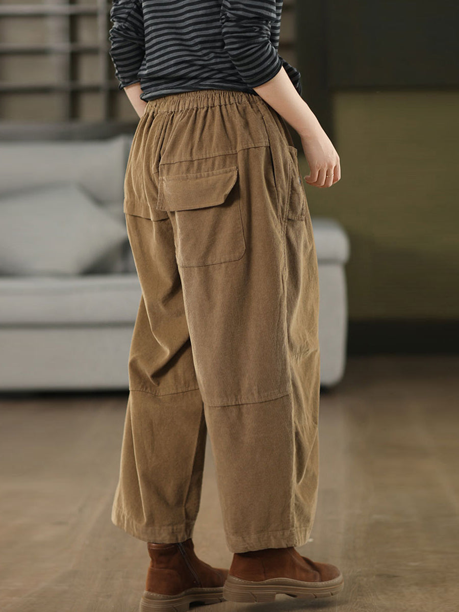 Women Autumn Retro Pure Color Corduroy  Harem Pants