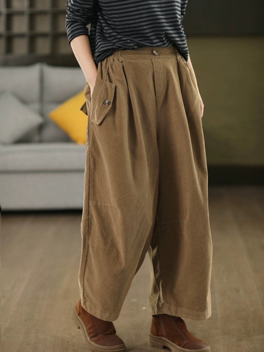 Women Autumn Retro Pure Color Corduroy  Harem Pants