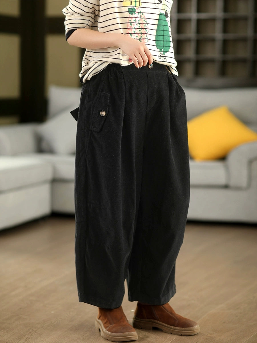 Women Autumn Retro Pure Color Corduroy  Harem Pants
