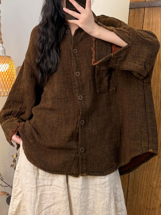 Women Autumn Retro Pure Color Turn-down Collar Linen Shirt
