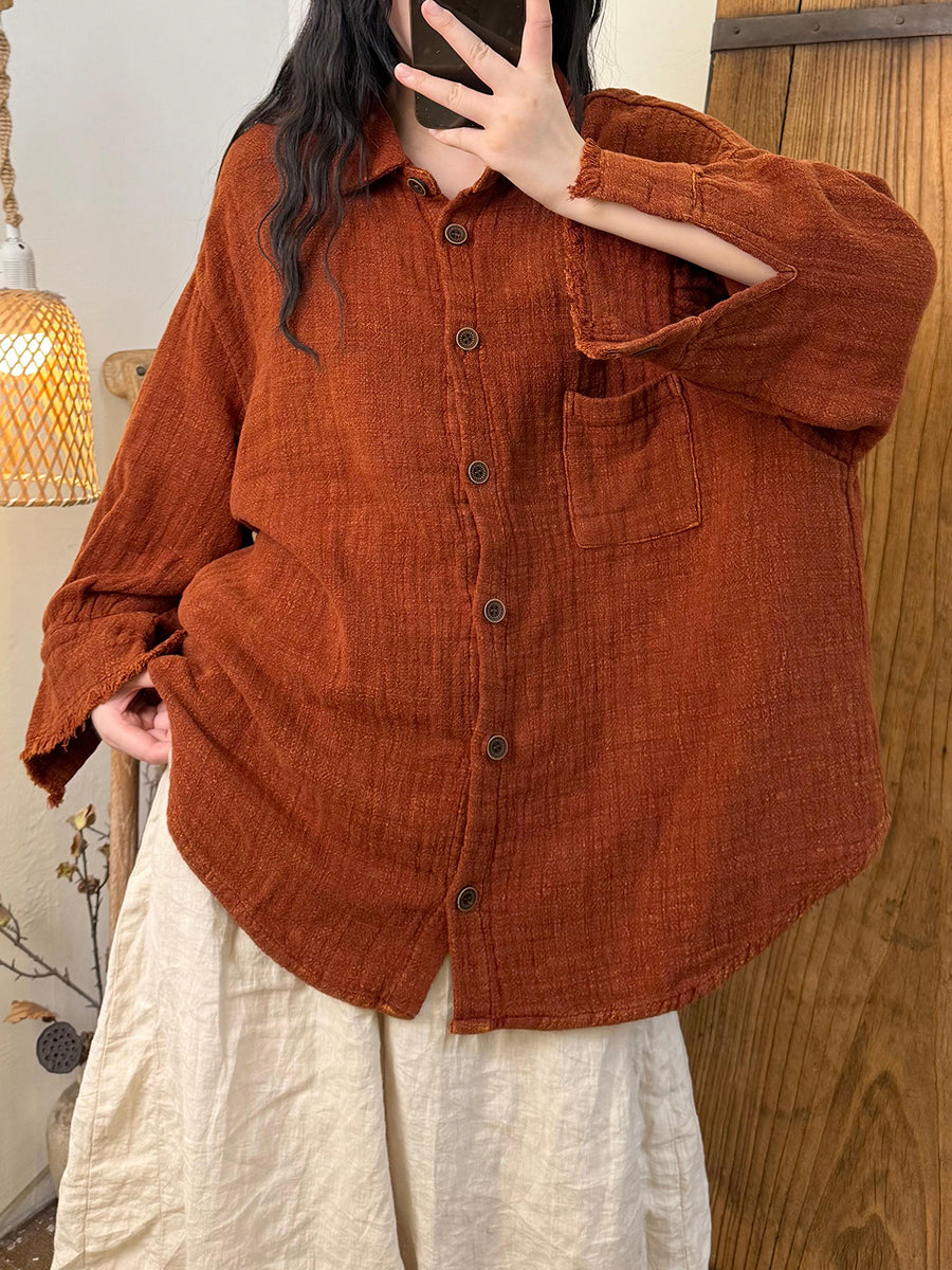Women Autumn Retro Pure Color Turn-down Collar Linen Shirt