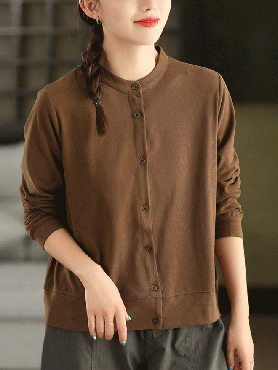 Women Autumn Casual Pure Color 100%Cotton O-Neck Shirt
