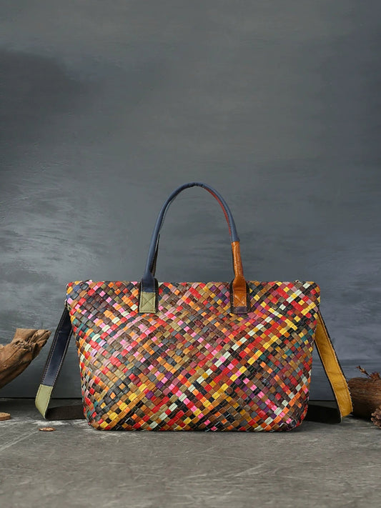 Women Vintage Multicolor Leather Weave Tote Bag