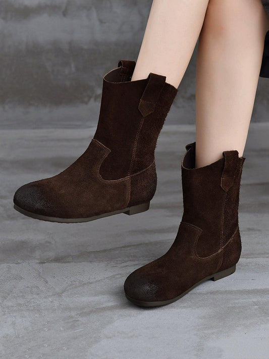 Women Vintage Genuine Leather Spliced Low Heel Boots