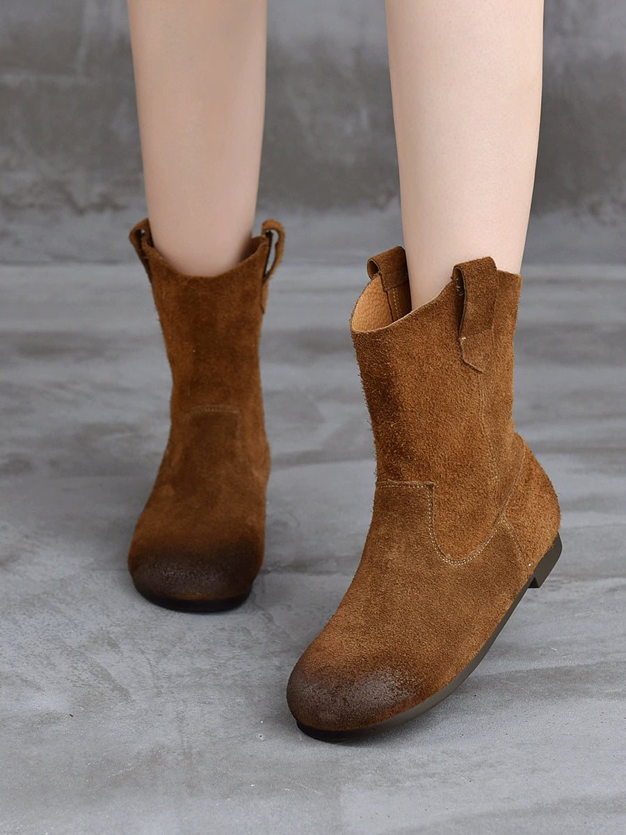 Women Vintage Genuine Leather Spliced Low Heel Boots