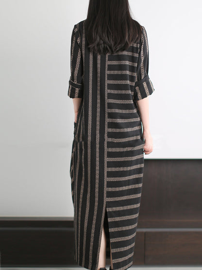 Plus Size Women Autumn Retro Stripe V-Neck 100%Cotton Dress