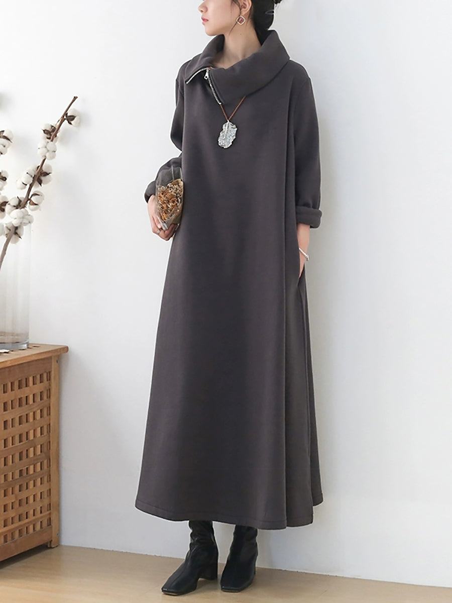 Plus Size Women Autumn Pure Color Turtleneck Cotton Dress