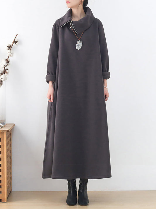 Plus Size Women Autumn Pure Color Turtleneck Cotton Dress