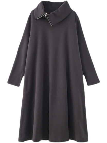 Plus Size Women Autumn Pure Color Turtleneck Cotton Dress