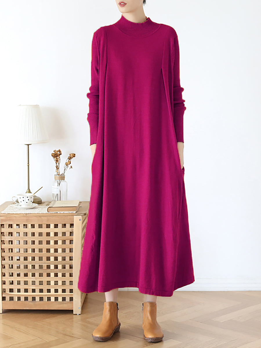 Women Autumn Casual Pure Color Half-Turtleneck Dress