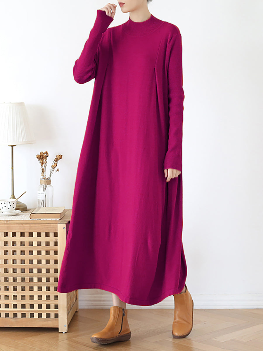 Women Autumn Casual Pure Color Half-Turtleneck Dress