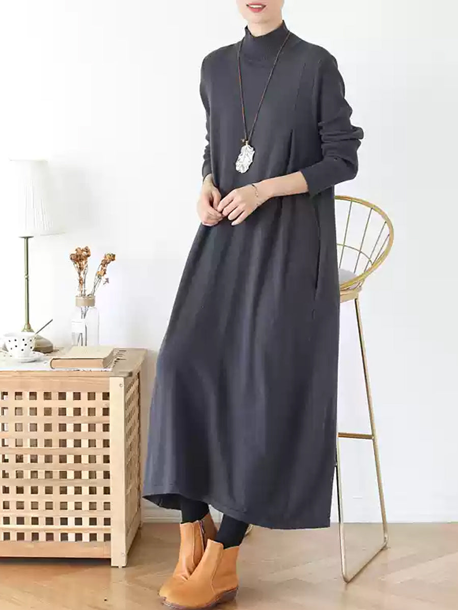 Women Autumn Casual Pure Color Half-Turtleneck Dress