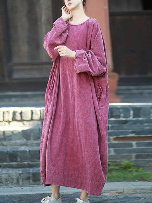 Women Autumn Retro Pure Color O-Neck Cotton Linen Dress