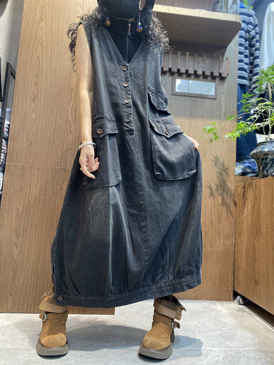 Women Summer Vintage Pocket V-Neck 100%Cotton Vest Dress