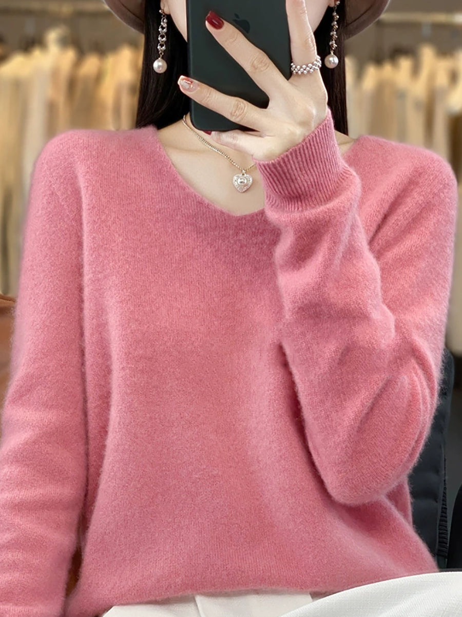 Women Autumn Casual Pure Color V-Neck Wool Sweater