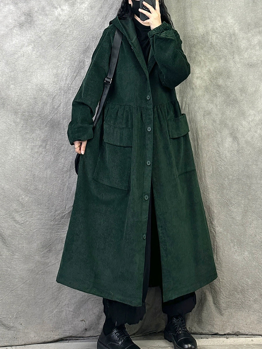 Plus SizeWomen Retro Autumn Pure Color Hooded Corduroy Coat