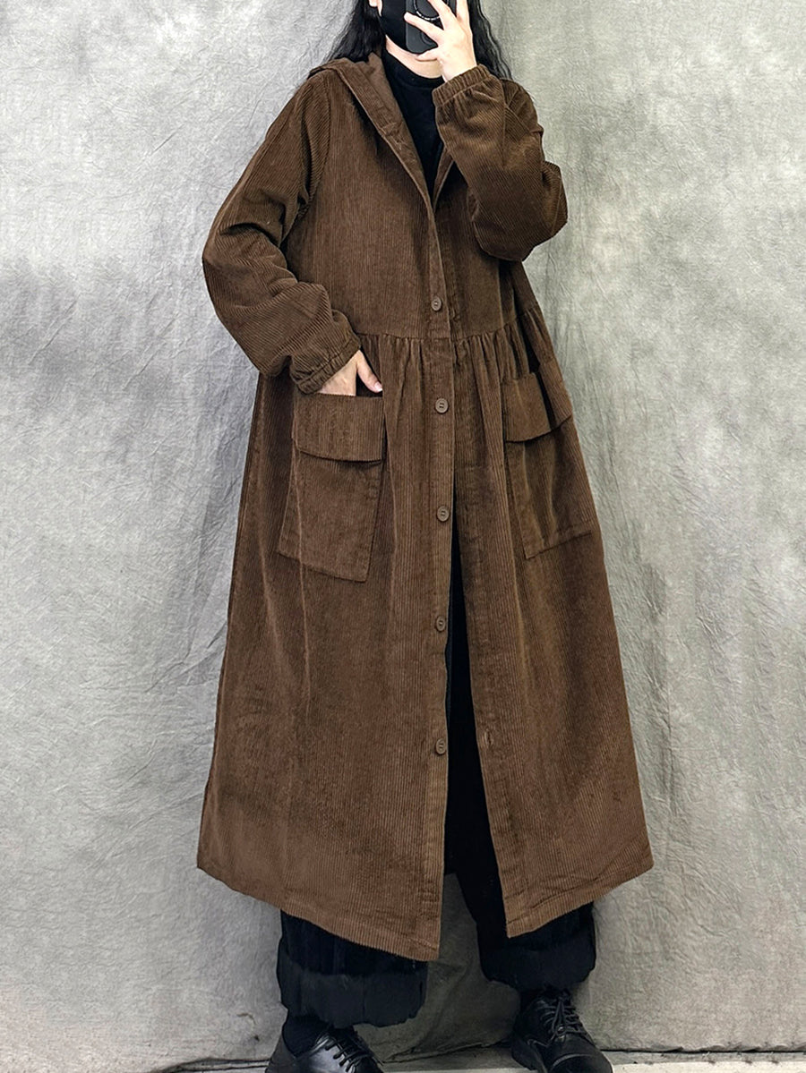 Plus SizeWomen Retro Autumn Pure Color Hooded Corduroy Coat