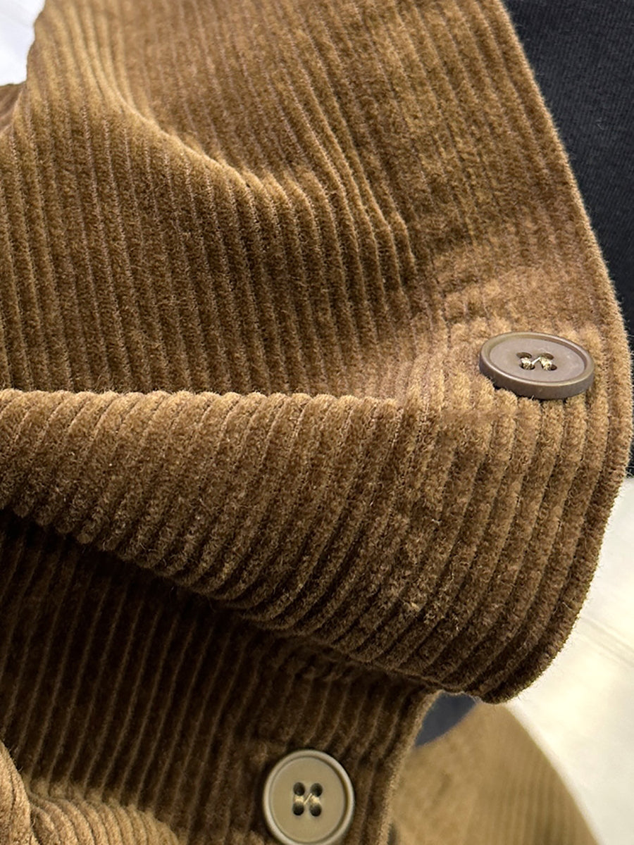 Plus SizeWomen Retro Autumn Pure Color Hooded Corduroy Coat