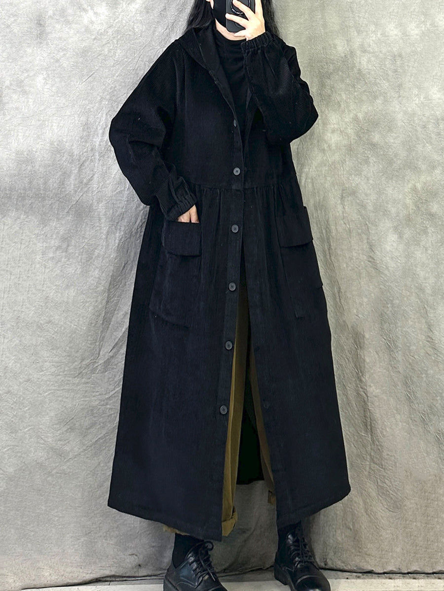 Plus SizeWomen Retro Autumn Pure Color Hooded Corduroy Coat