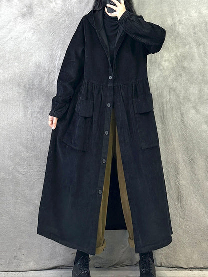 Plus SizeWomen Retro Autumn Pure Color Hooded Corduroy Coat