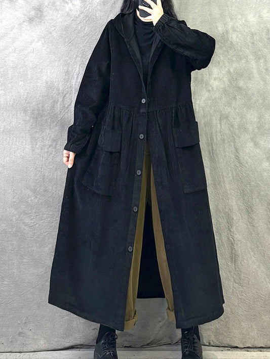 Plus SizeWomen Retro Autumn Pure Color Hooded Corduroy Coat