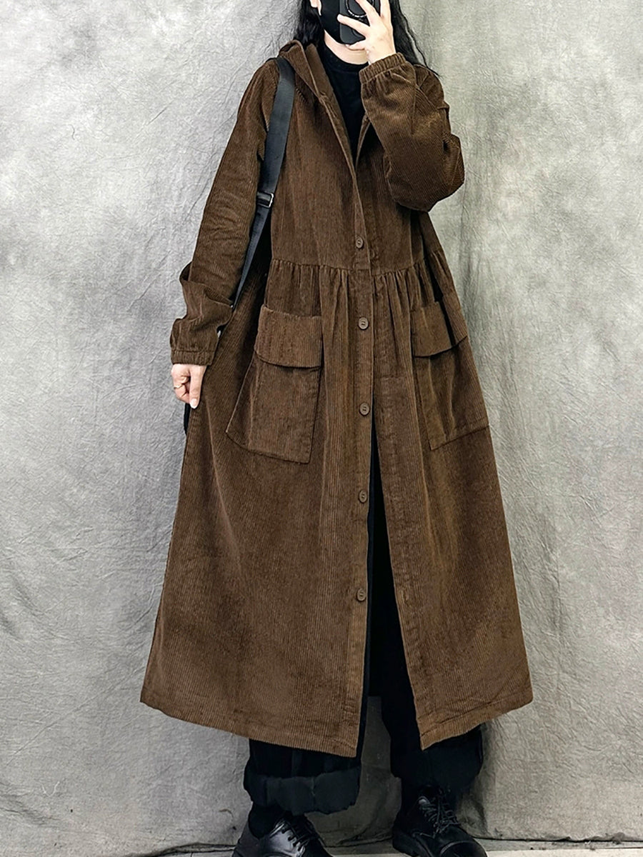 Plus SizeWomen Retro Autumn Pure Color Hooded Corduroy Coat