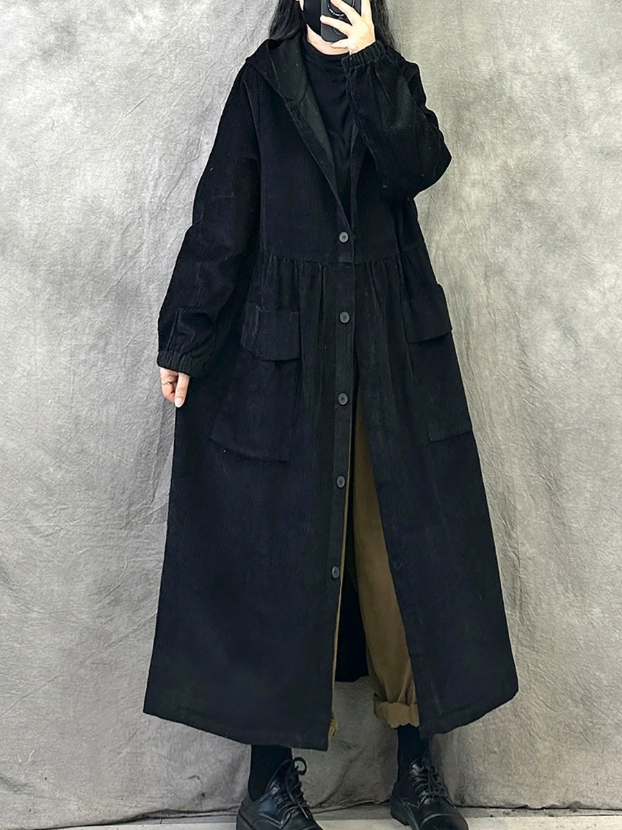 Plus SizeWomen Retro Autumn Pure Color Hooded Corduroy Coat