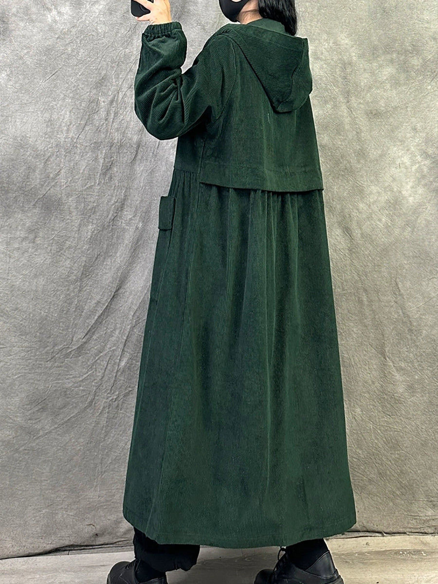 Plus SizeWomen Retro Autumn Pure Color Hooded Corduroy Coat