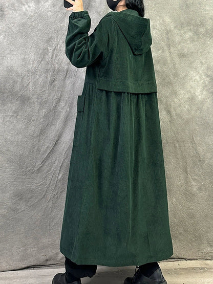 Plus SizeWomen Retro Autumn Pure Color Hooded Corduroy Coat