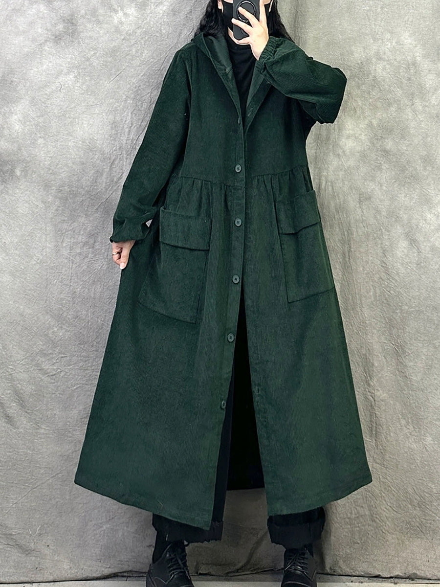 Plus SizeWomen Retro Autumn Pure Color Hooded Corduroy Coat