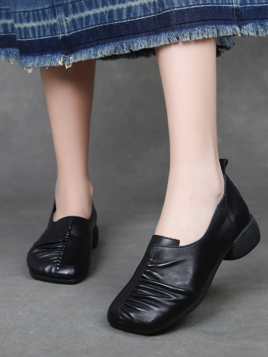 Women Vintage Genuine Leather Spliced Mid Heel Shoes