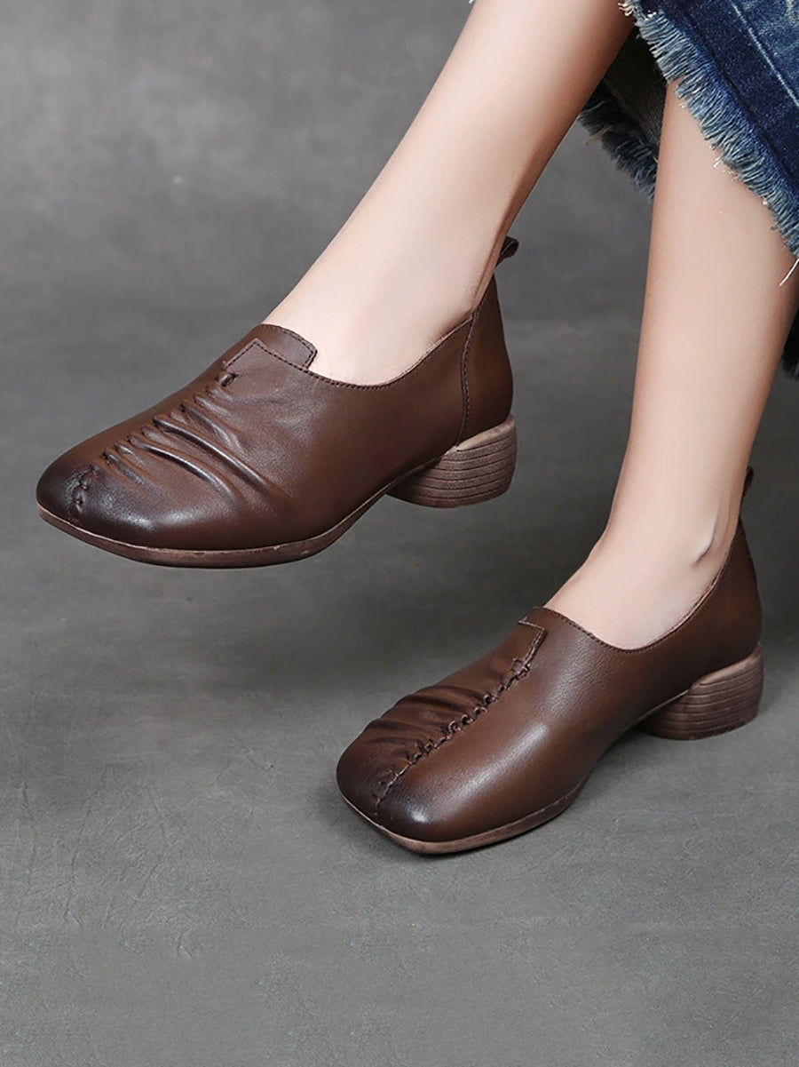 Women Vintage Genuine Leather Spliced Mid Heel Shoes