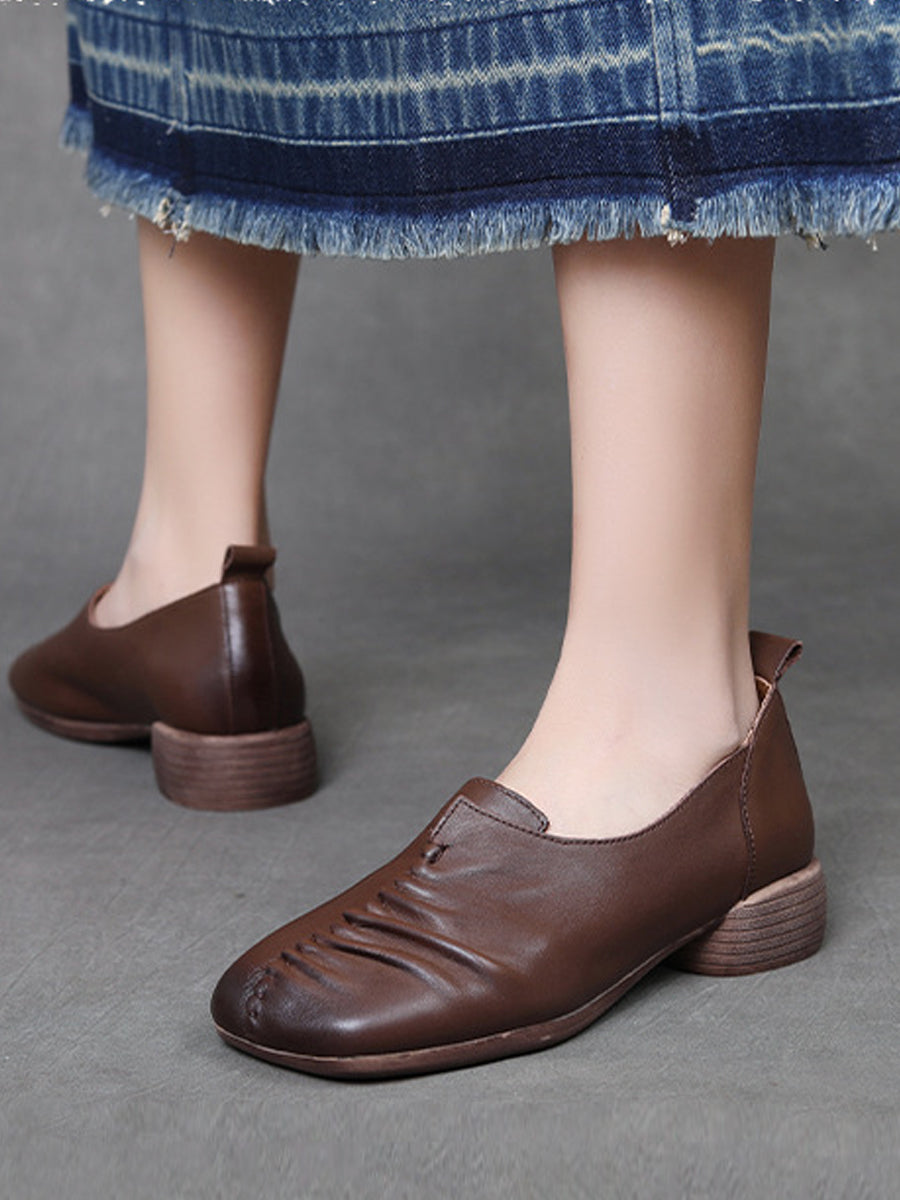 Women Vintage Genuine Leather Spliced Mid Heel Shoes