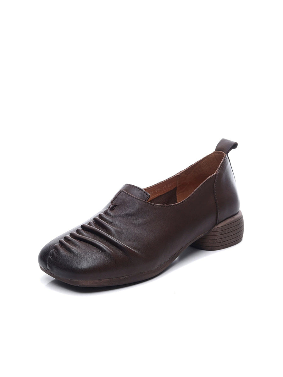 Women Vintage Genuine Leather Spliced Mid Heel Shoes