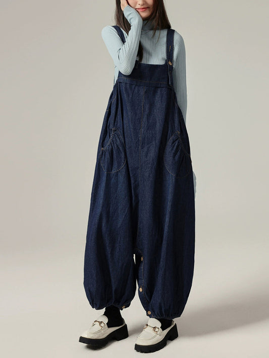 Women Autumn Casual Pure Color Denim Wide-leg Jumpsuits