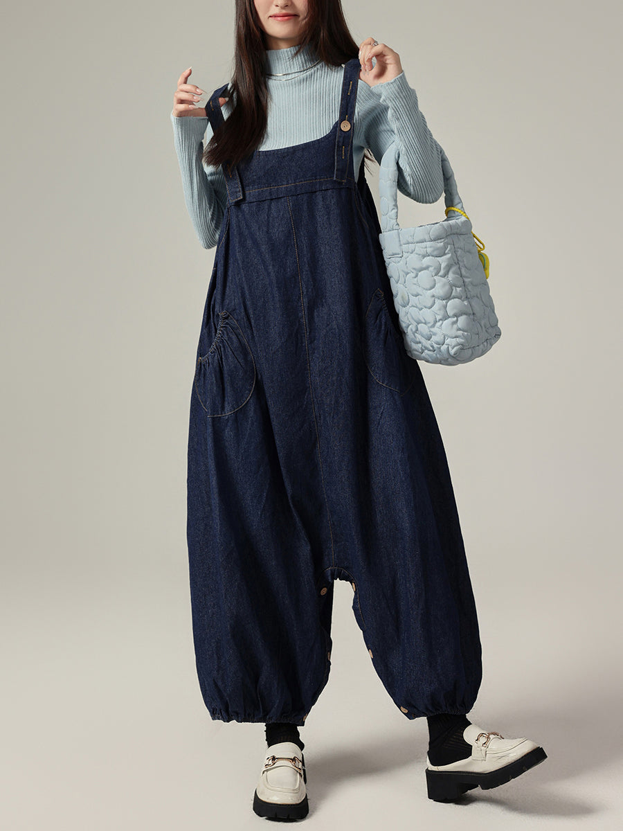 Women Autumn Casual Pure Color Denim Wide-leg Jumpsuits