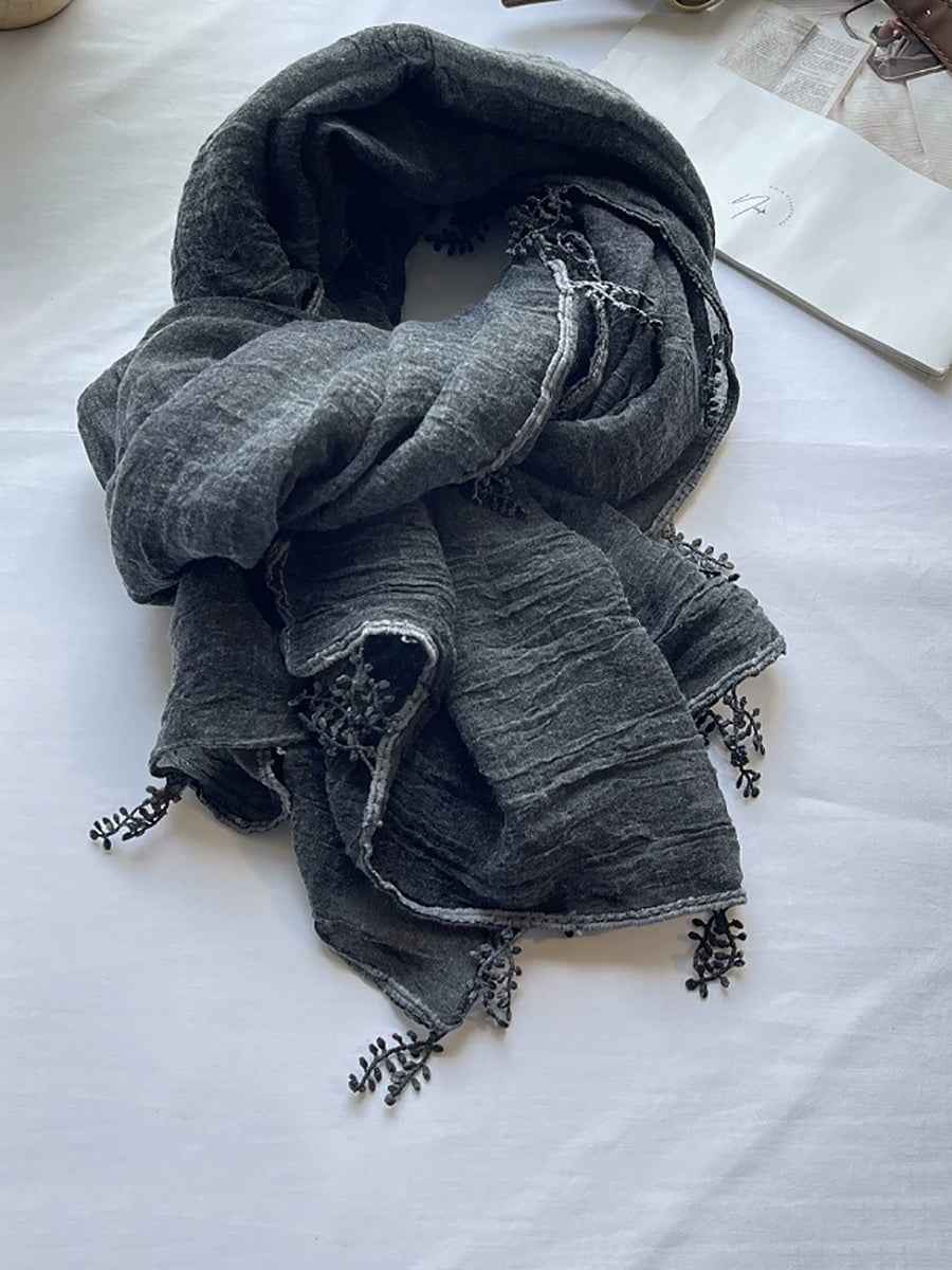 Women Artsy Pure Color Lace Spliced Shawl Scarf