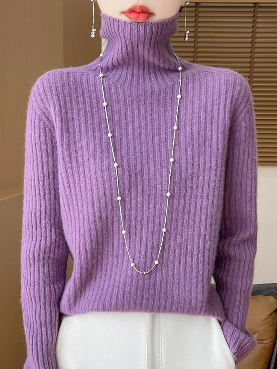 Women Autumn Casual Pure Color Knitted Turtleneck Sweater