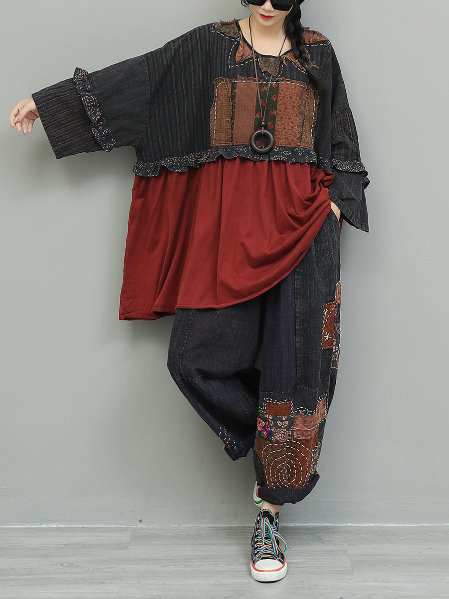 Women Autumn Vintage Patchwork Spliced Loose Suits