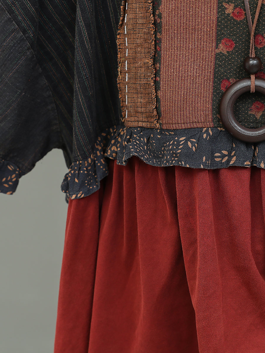 Women Autumn Vintage Patchwork Spliced Loose Suits