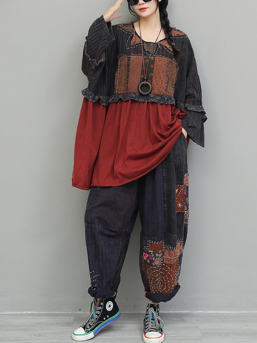 Women Autumn Vintage Patchwork Spliced Loose Suits