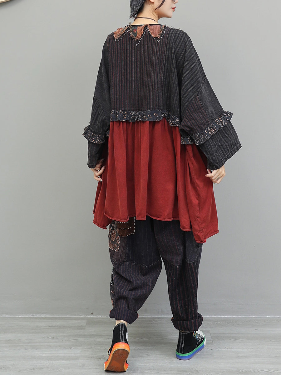 Women Autumn Vintage Patchwork Spliced Loose Suits