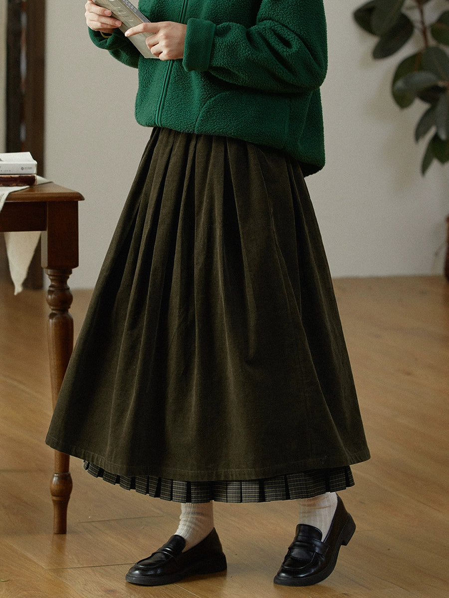 Plus Size Women Autumn Retro Plaid Spliced 100%Cotton Skirt